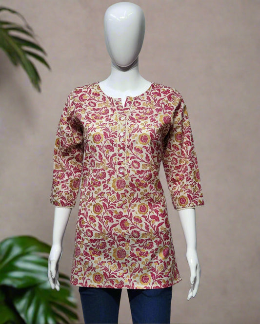 Pink Floral Khadi Cotton Short Kurti