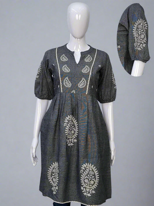 Charcoal Grey Khadi Cotton Kurti with Off-White Embroidery