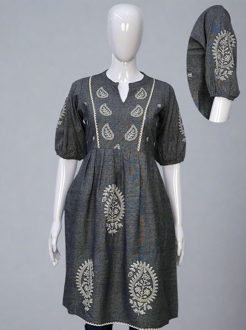 Charcoal Grey Khadi Cotton Kurti with Off-White Embroidery
