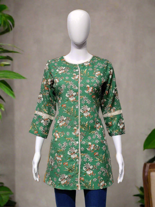 Sage Green Floral Printed Cotton Kurti