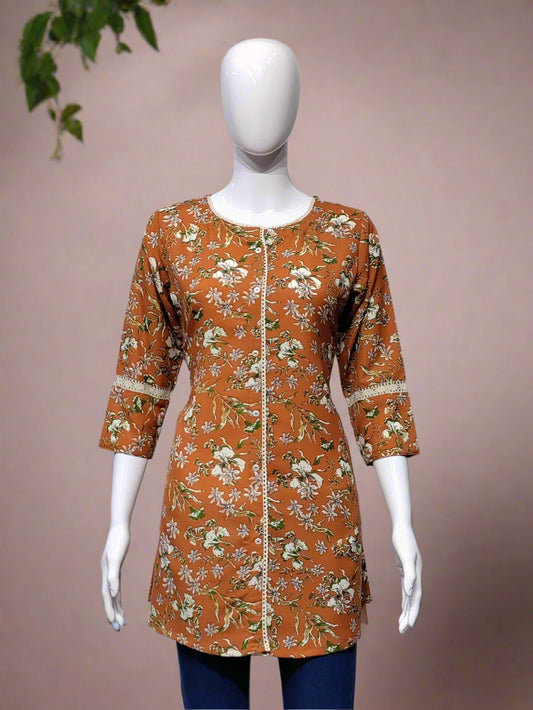 Rust Orange Floral Printed Short Kurti