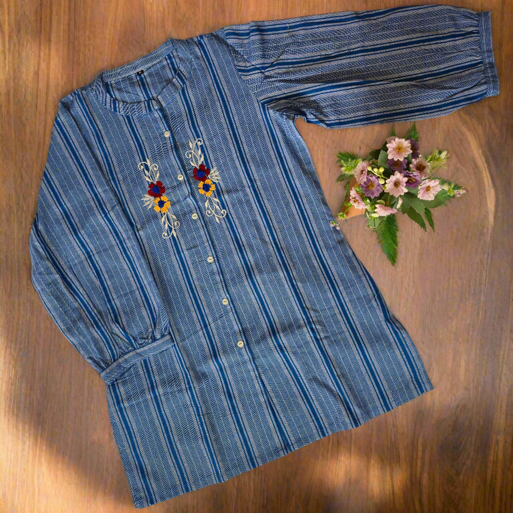 Striped Embroidered Khadi Cotton Blue Short Kurti