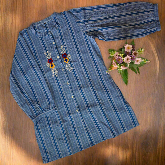 Striped Embroidered Khadi Cotton Short Kurti