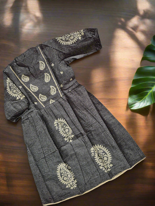 Charcoal Grey Khadi Cotton Kurti with Off-White Embroidery