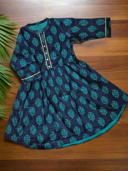 Navy Blue Khadi Cotton Anarkali Kurti with Teal Floral Print