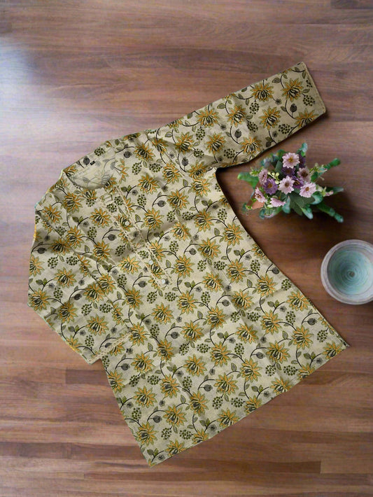 Green Floral Khadi Cotton Short Kurti