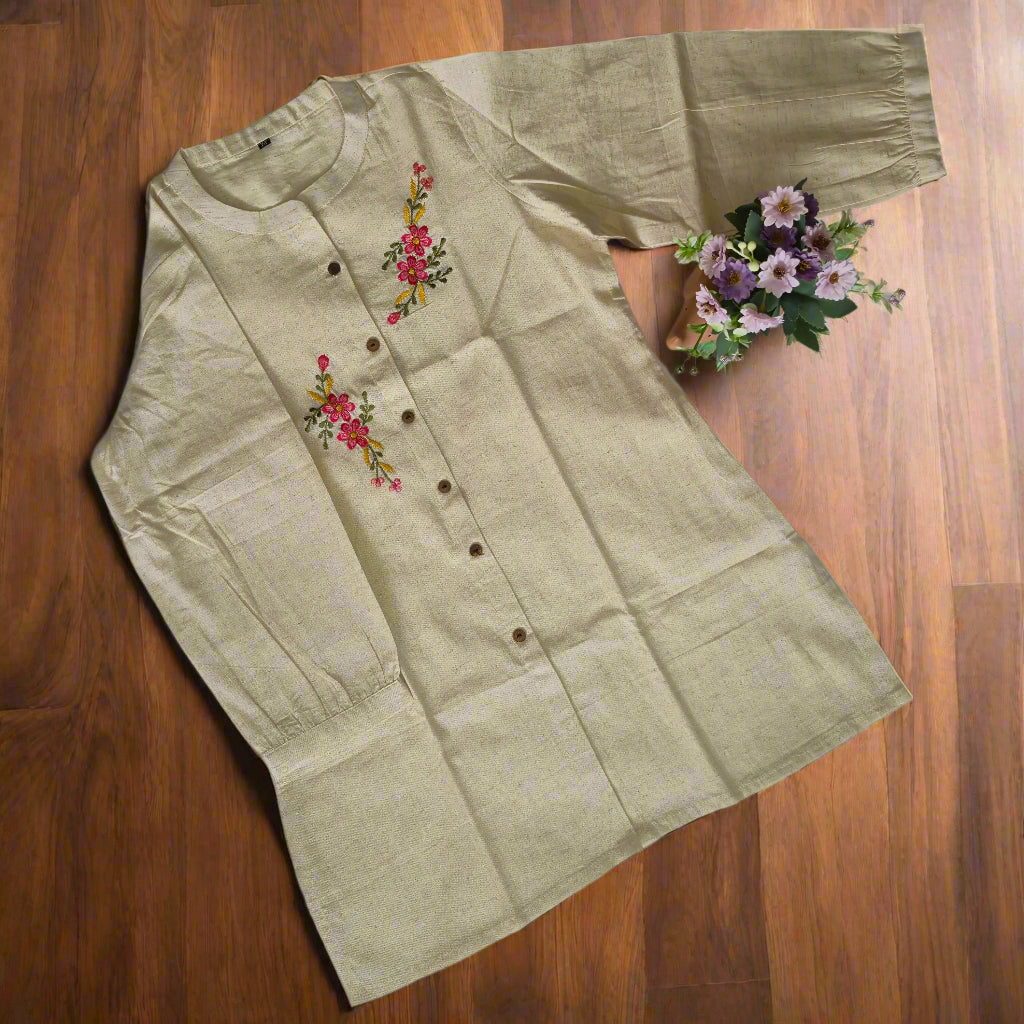 Embroidered Cream Khadi Cotton Short Kurti