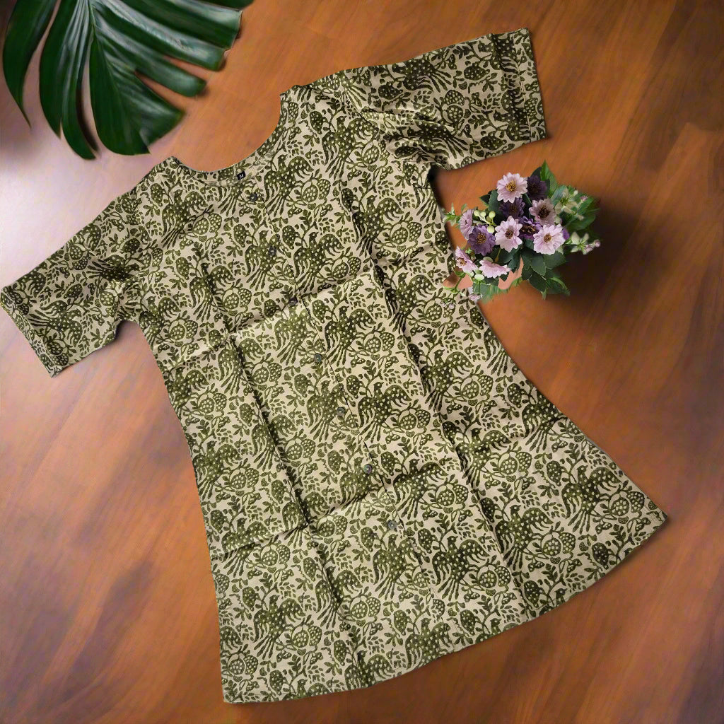 Beige & Olive Green Printed Silk Kurti