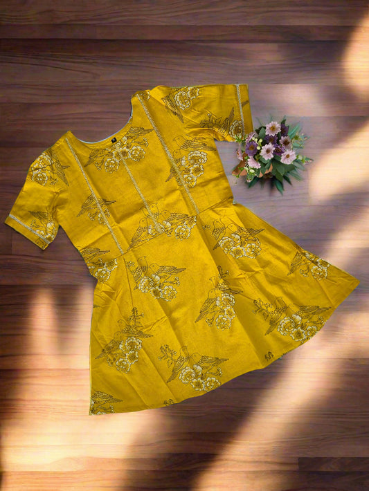 Yellow Khadi Cotton Kurti with Bird & Floral Print