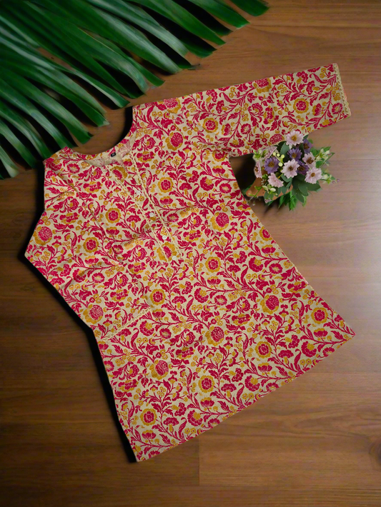 Pink Floral Flex Cotton Short Kurti