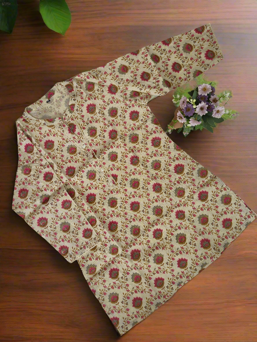 Pink Floral Khadi Cotton Short Kurti