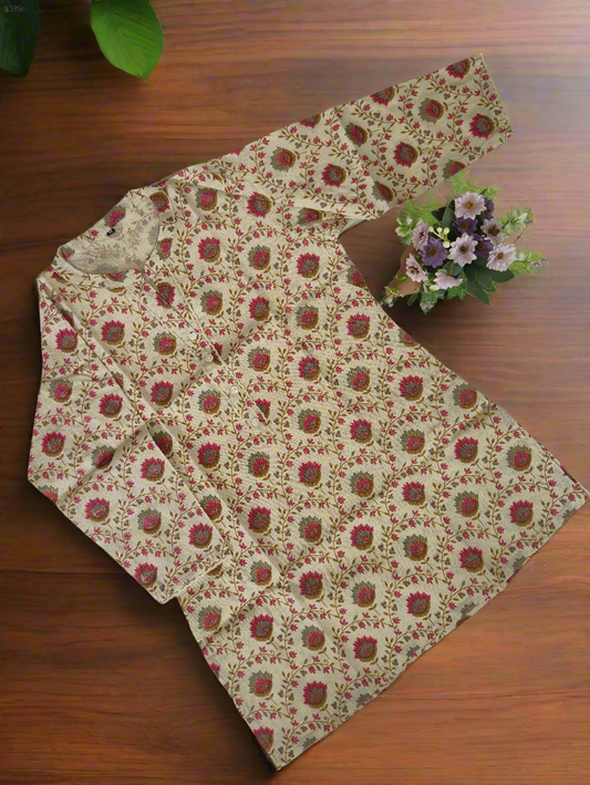 Pink Floral Khadi Cotton Short Kurti