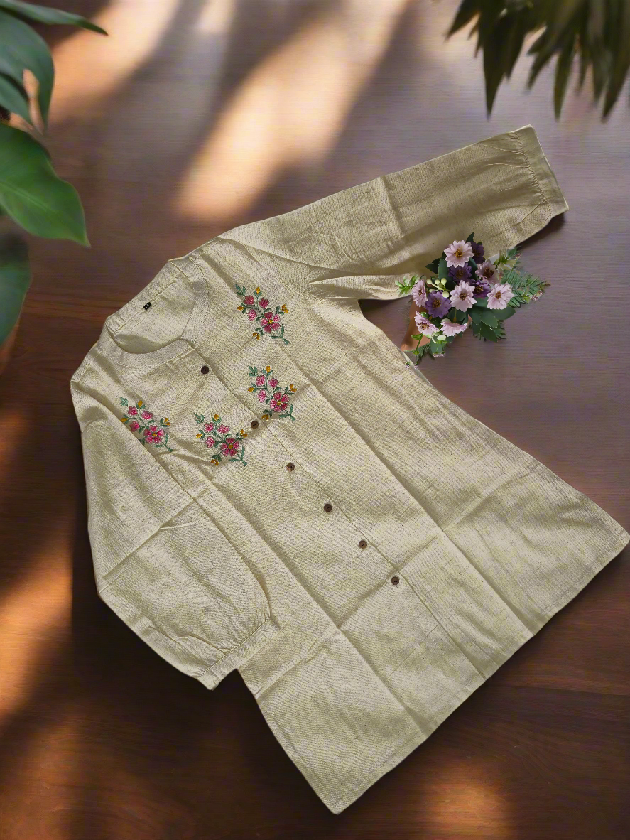 Embroidered Cream Khadi Cotton Short Kurti