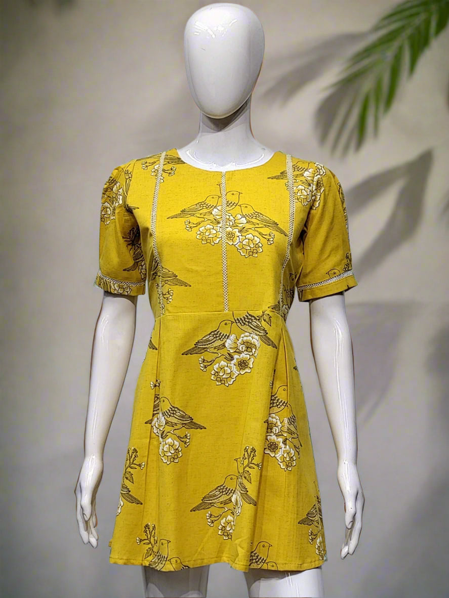 Yellow Khadi Cotton Kurti with Bird & Floral Print