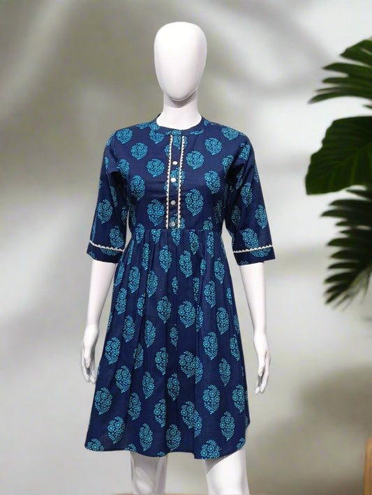 Navy Blue Khadi Cotton Anarkali Kurti with Teal Floral Print
