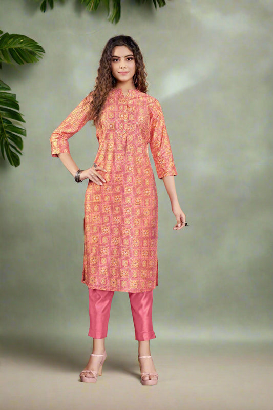 Pink-Yellow Bamboo Silk Kurta Set