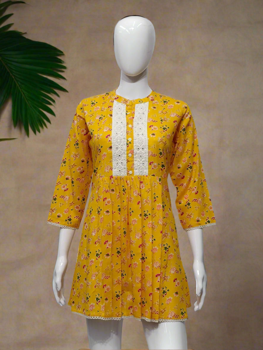 Mustard Yellow Floral Cotton Kurti