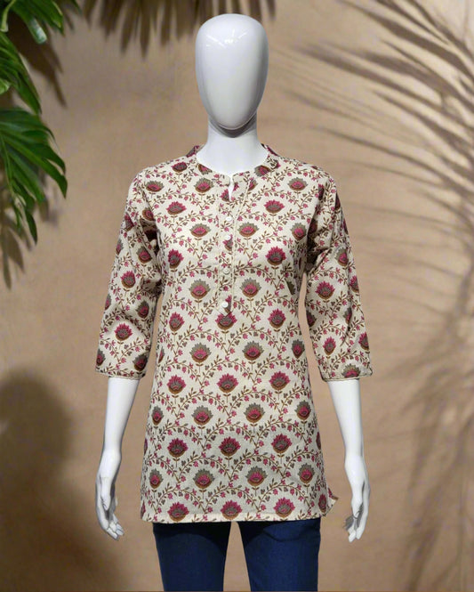 Pink Floral Khadi Cotton Short Kurti
