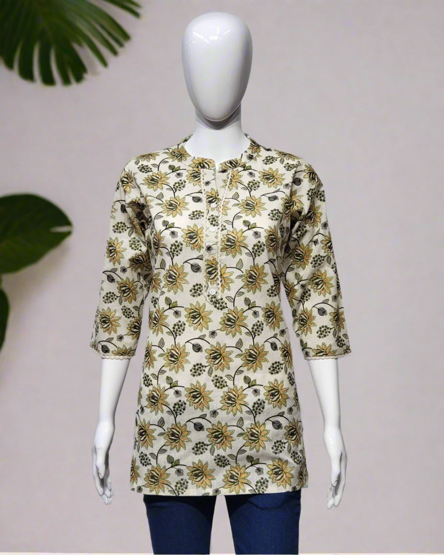 Green Floral Khadi Cotton Short Kurti