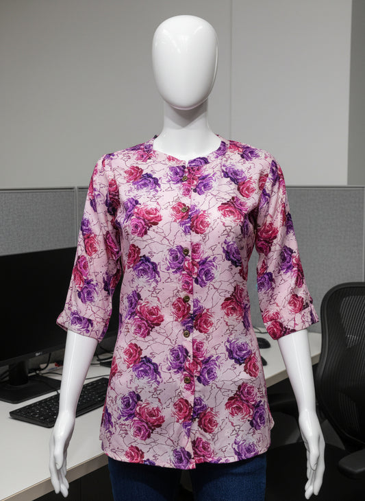 Floral Printed Pure Viscose Silk Short Top