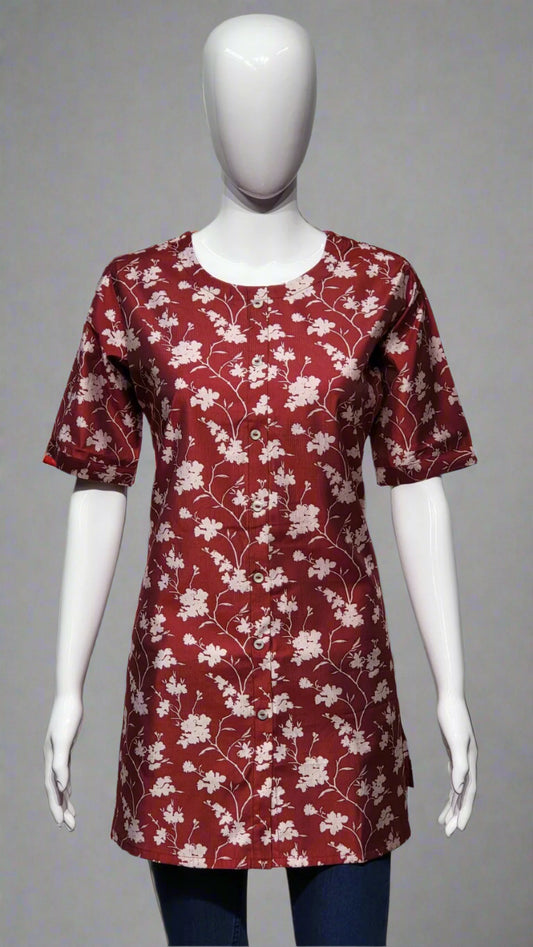 Maroon Floral Printed Kurti in Silk