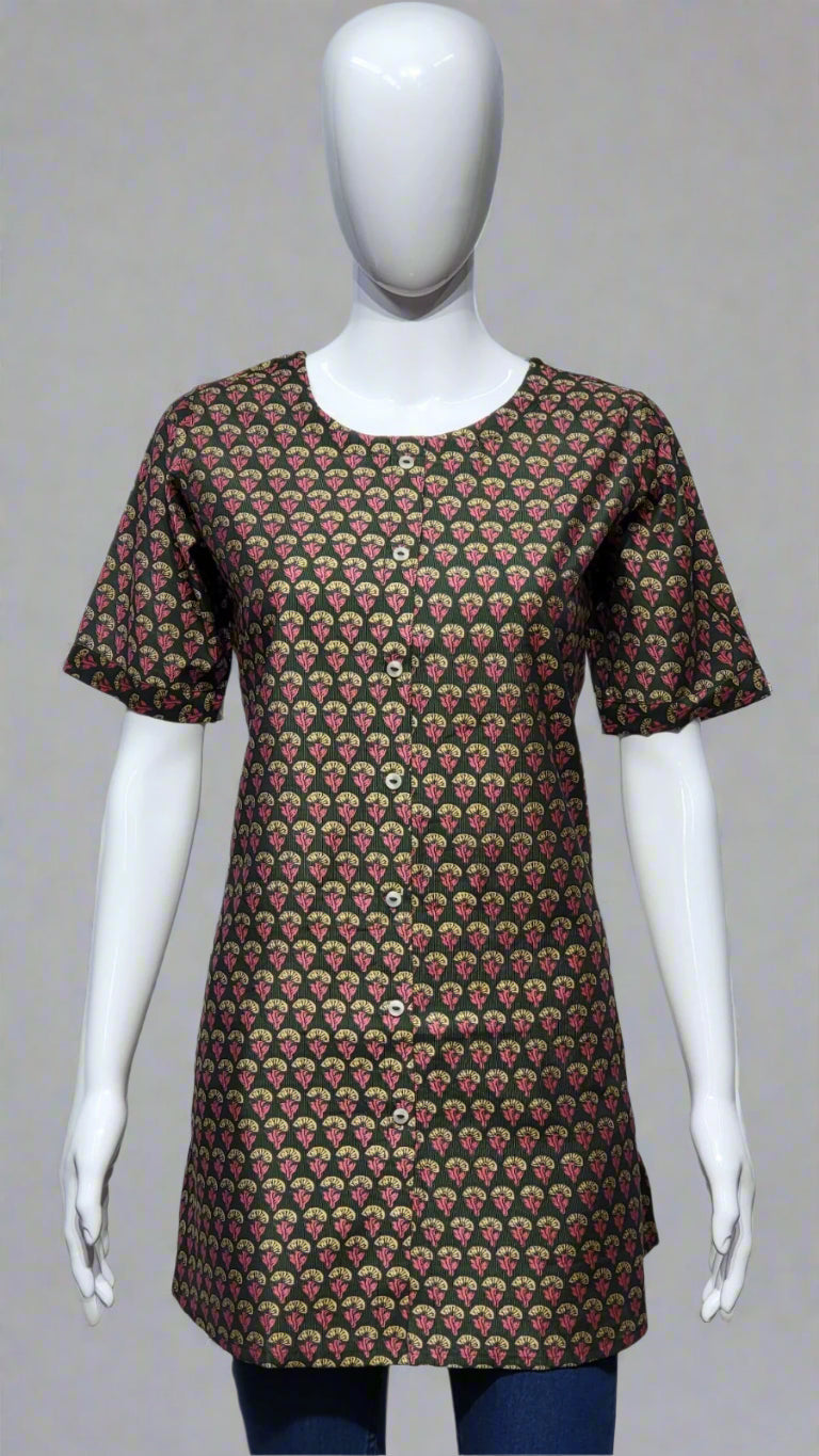 Silk Short Kurti with Floral Buta Print