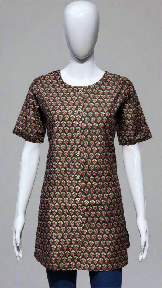 Silk Short Kurti with Floral Buta Print