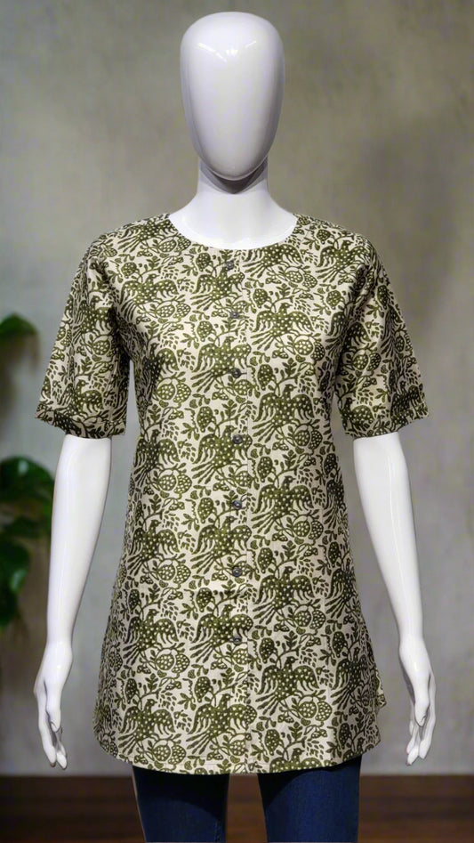 Beige & Olive Green Printed Silk Kurti
