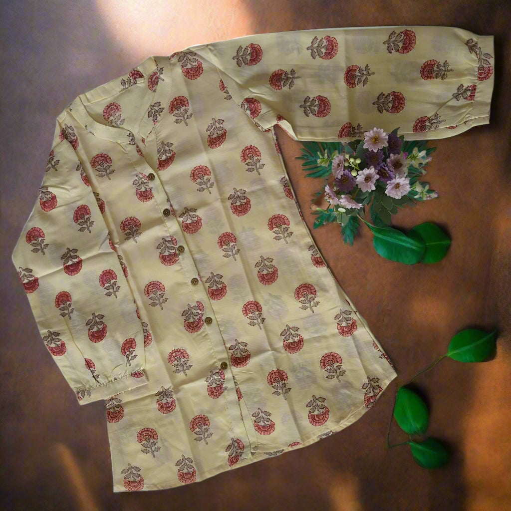 Beige Floral Block Print Kurti