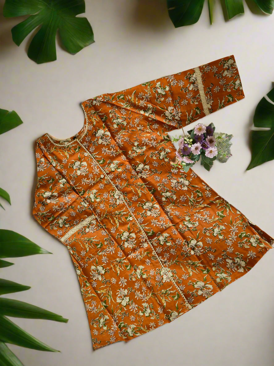 Rust Orange Floral Printed Cotton Kurti