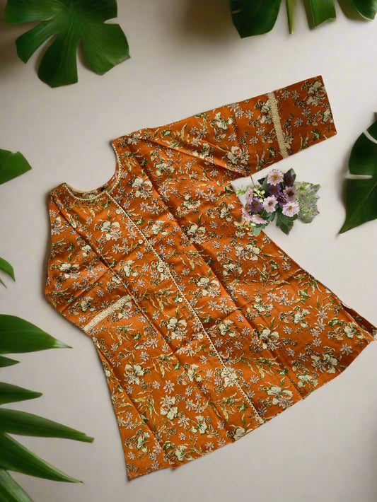 Rust Orange Floral Printed Cotton Kurti