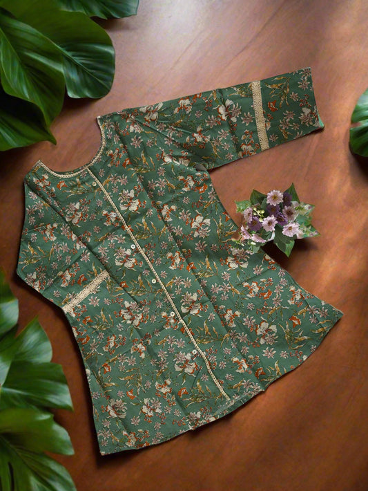 Sage Green Floral Printed Cotton Kurti