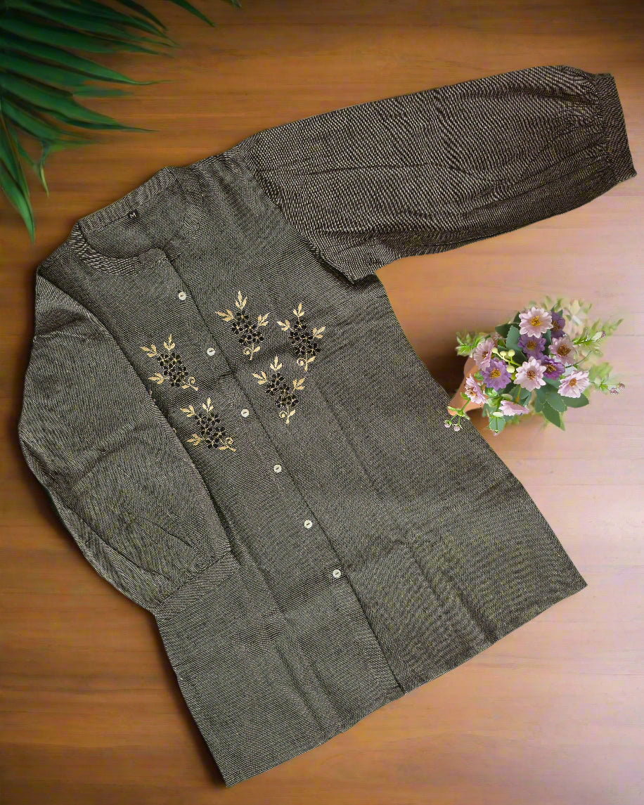 Embroidered Charcoal Grey Khadi Cotton Short Kurti