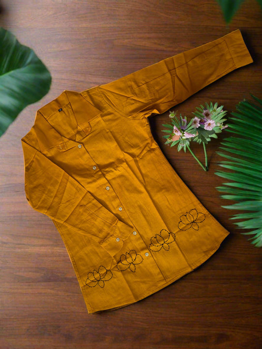 Khadi Cotton Short Top – Mustard Yellow with Lotus Embroidery