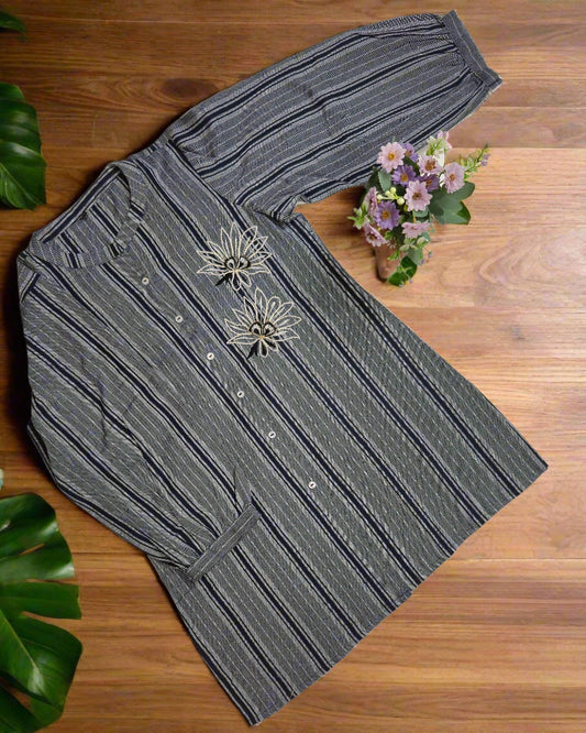 Striped Embroidered Khadi Cotton Black Short Kurti