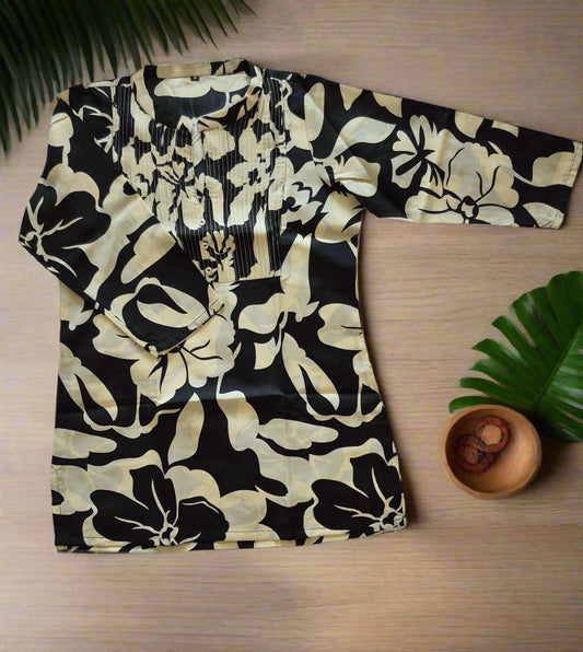 Mustard Floral Printed Cream Kurti