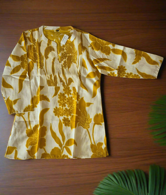 Mustard Floral Printed Cream Kurti