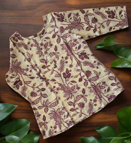Cream & Maroon Floral Printed Short Kurti