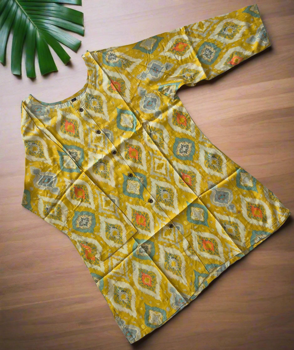 Pure Viscose Silk Ikat Short Kurti – Lemon Yellow