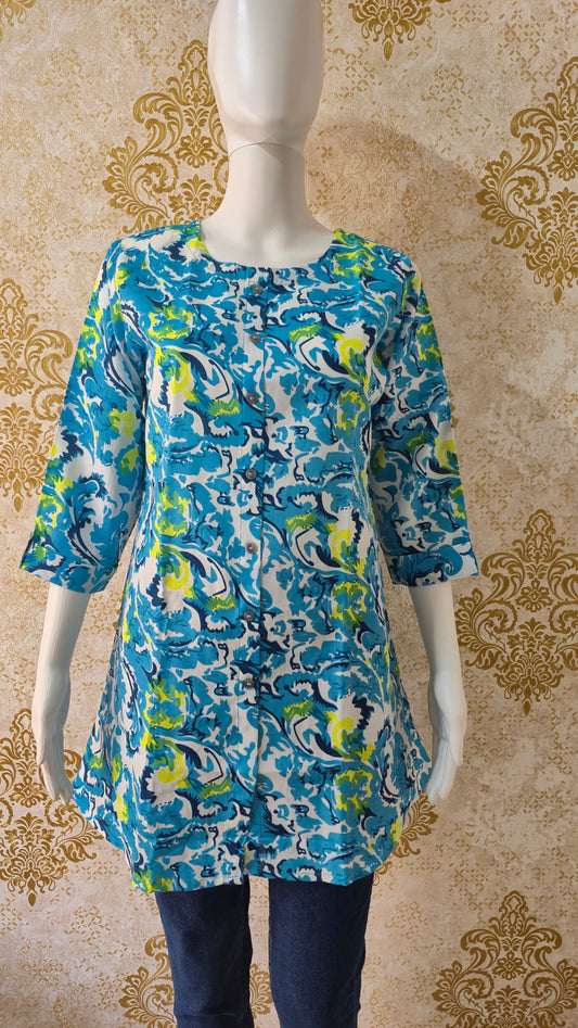 Lime Printed Blue Short Kurti