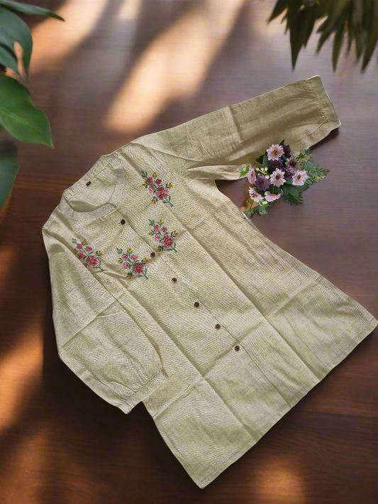 Embroidered Khadi Cotton Short Kurti – Cream Elegance