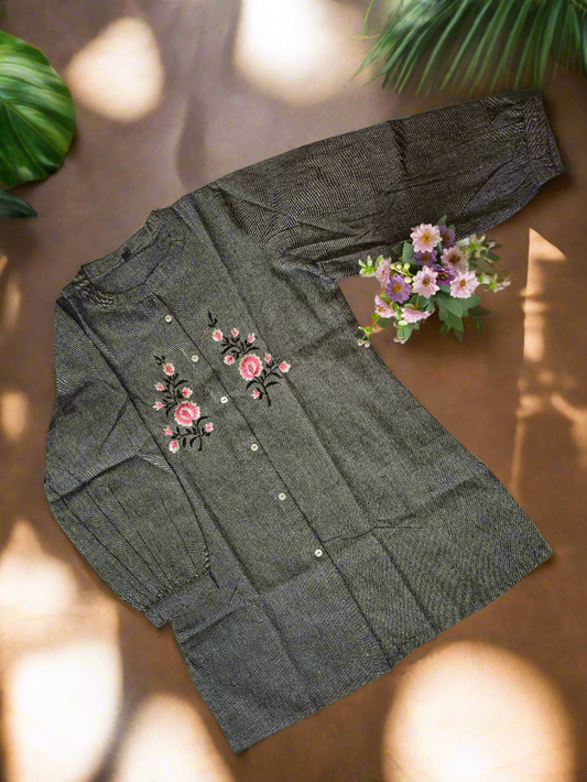 Embroidered Khadi Cotton Short Kurti – Charcoal Grey