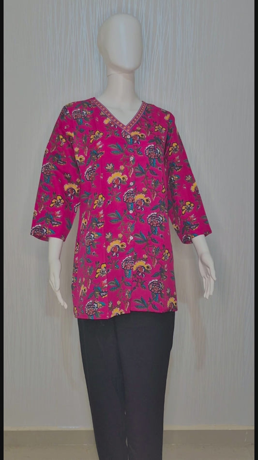 Pink Poly-Cotton Floral Kurti