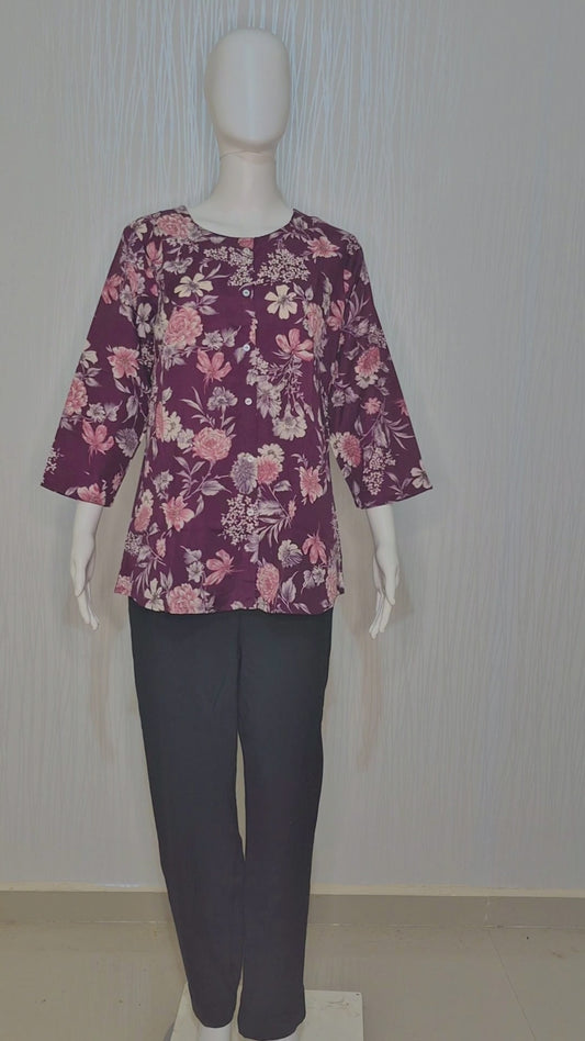Maroon Mix-Cotton Floral Kurti